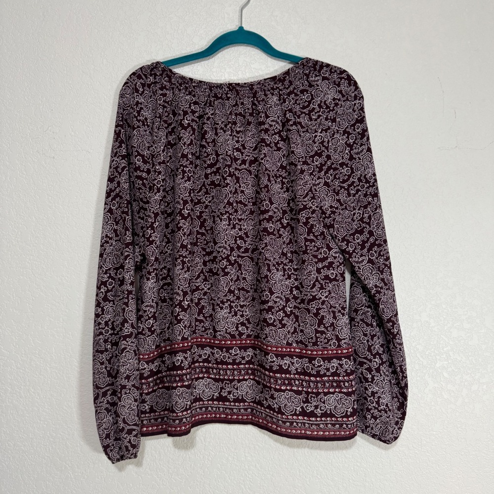 Women's Burgundy Floral Print Smocked Neck Long Sleeve Blouse Size M - Picture 4 of 4